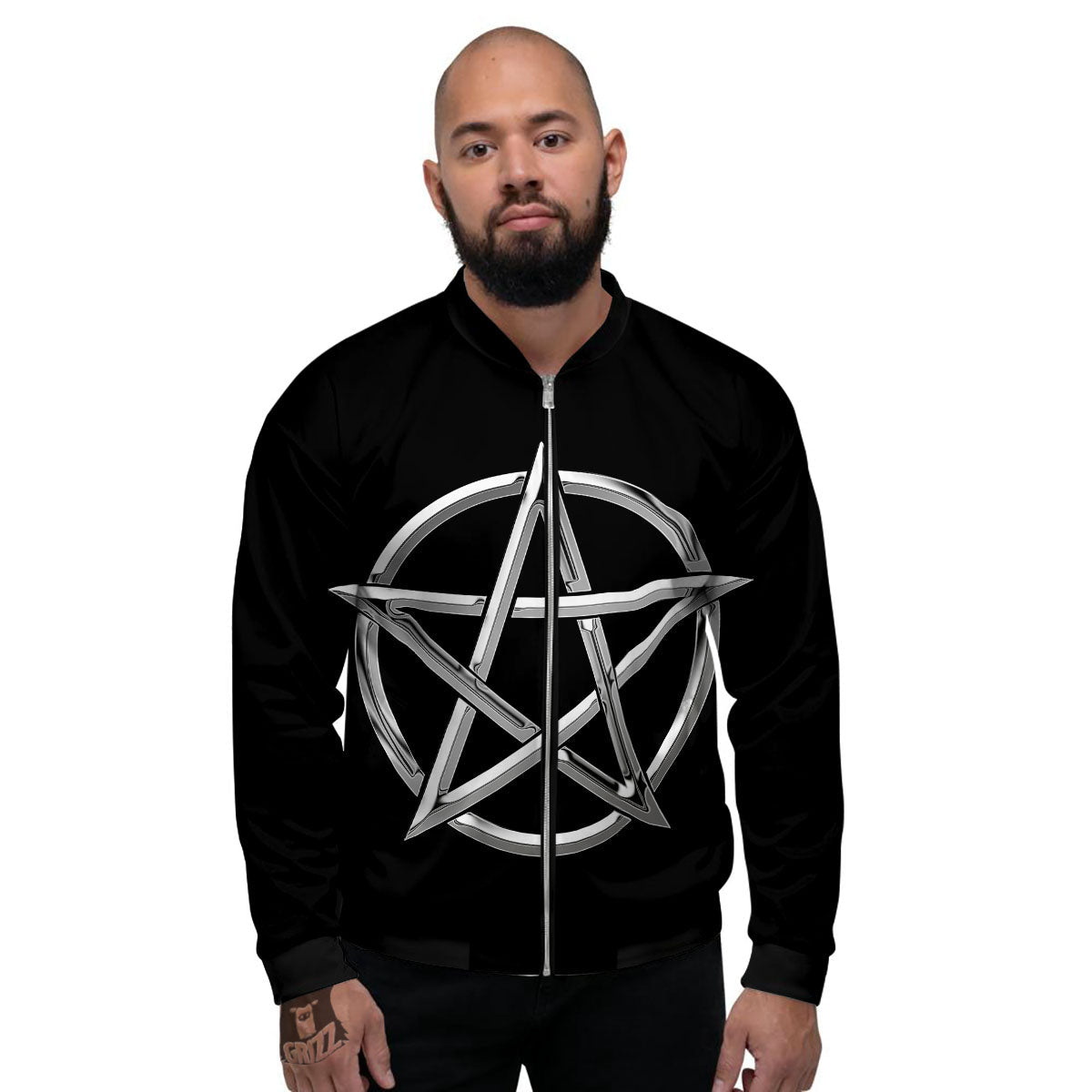 Pentagram Symbol White And Black Print Men's Bomber Jacket-grizzshop
