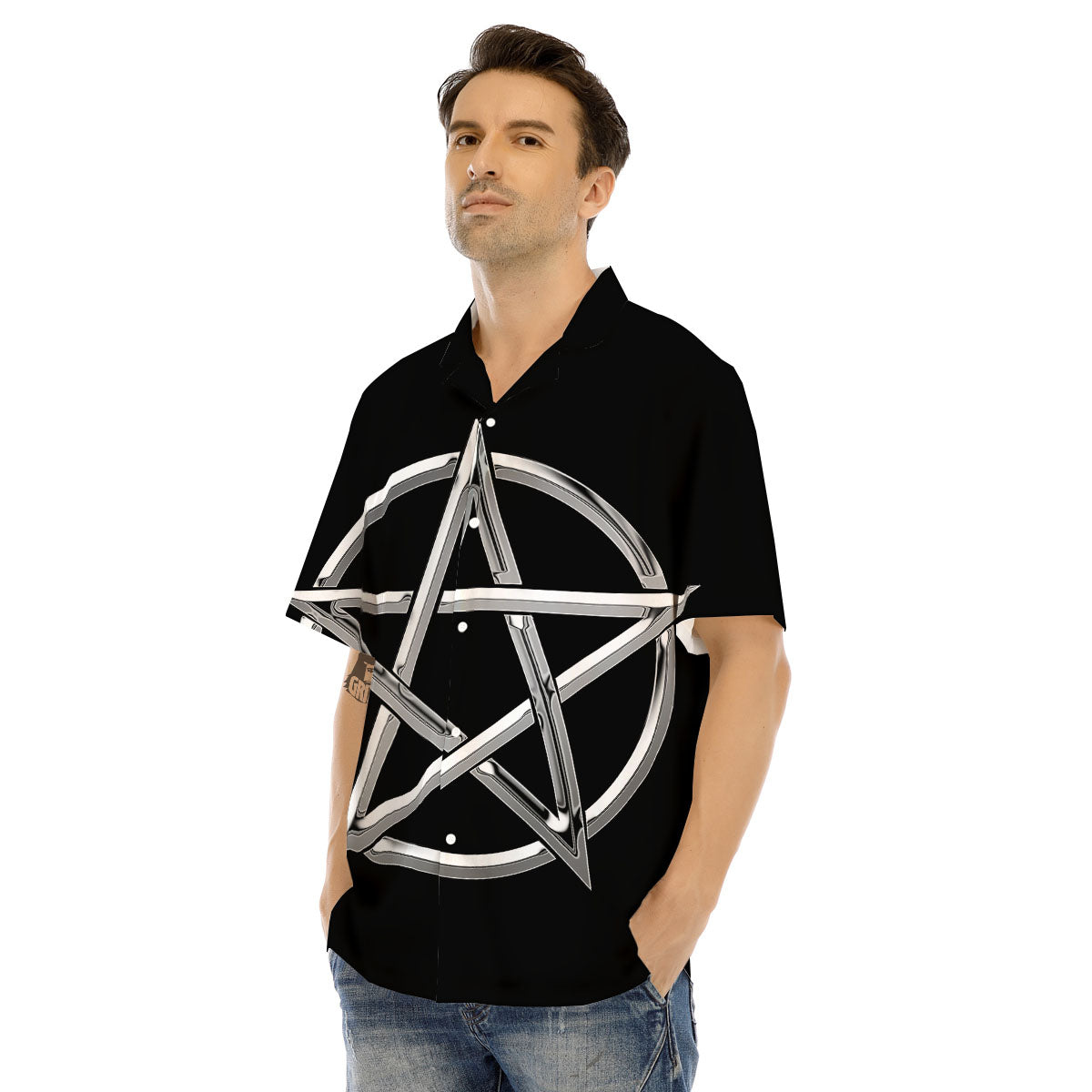 Pentagram Symbol White And Black Print Men's Hawaiian Shirt-grizzshop