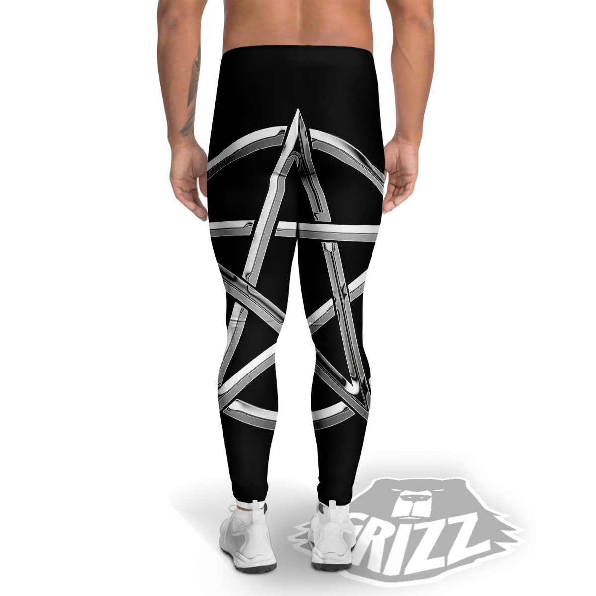 Pentagram Symbol White And Black Print Men's Leggings-grizzshop