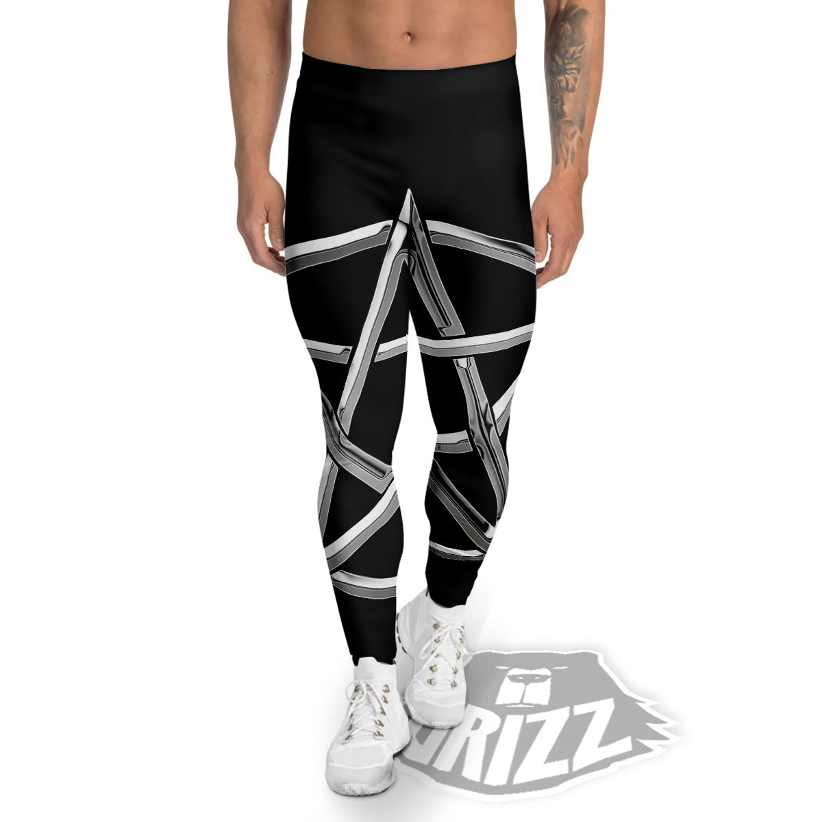 Pentagram Symbol White And Black Print Men's Leggings-grizzshop