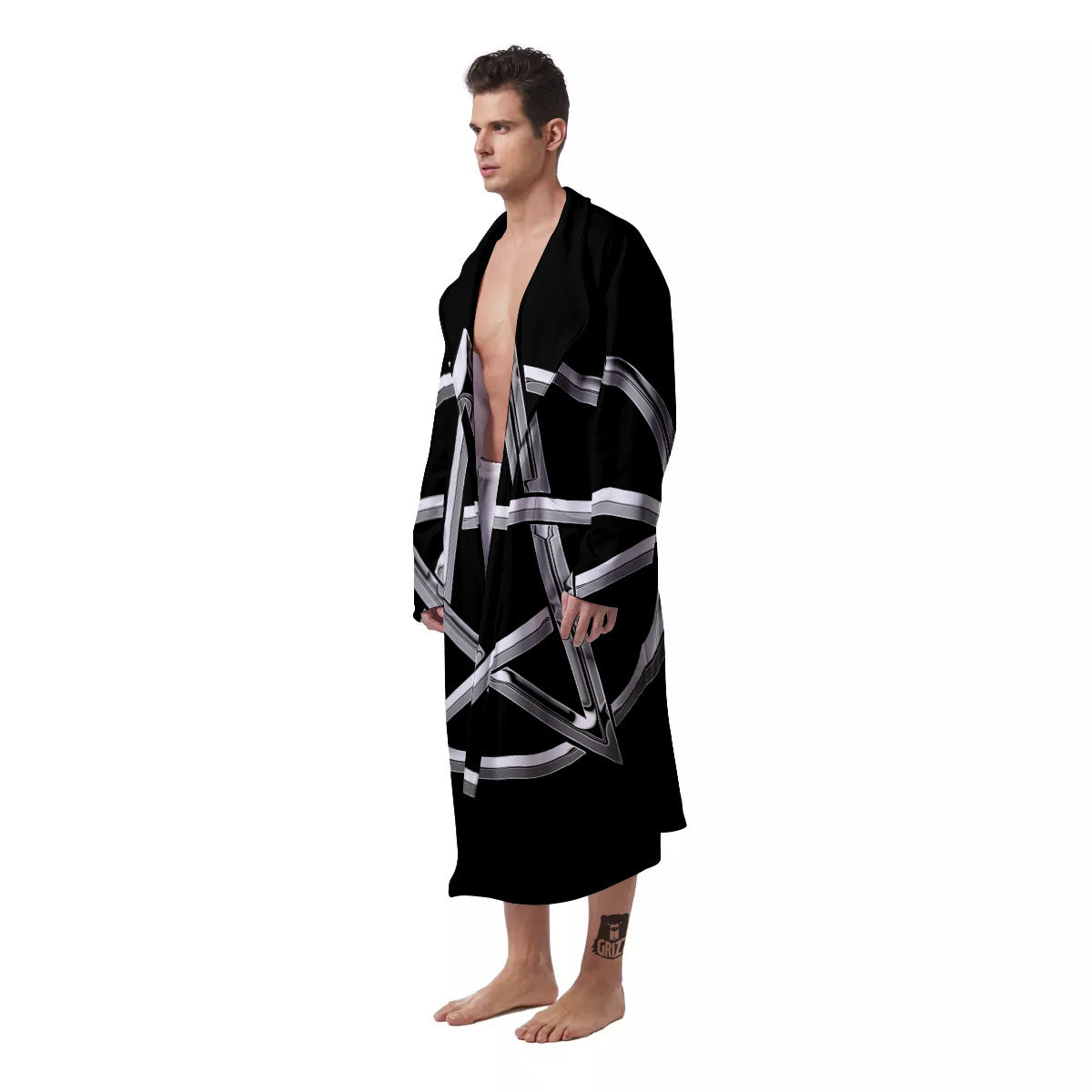 Pentagram Symbol White And Black Print Men's Robe-grizzshop