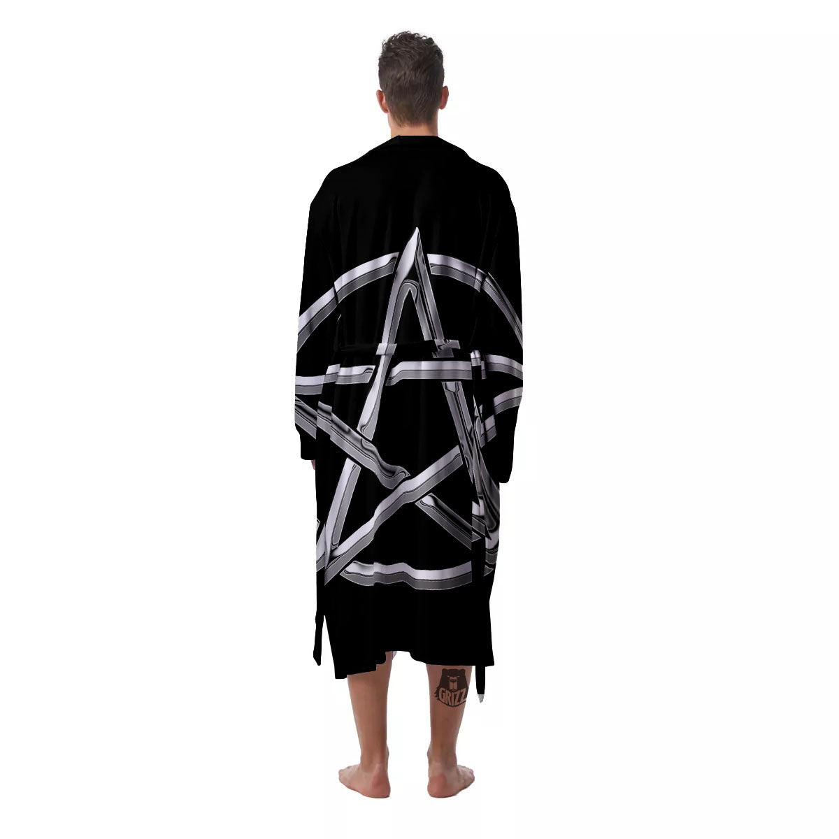 Pentagram Symbol White And Black Print Men's Robe-grizzshop