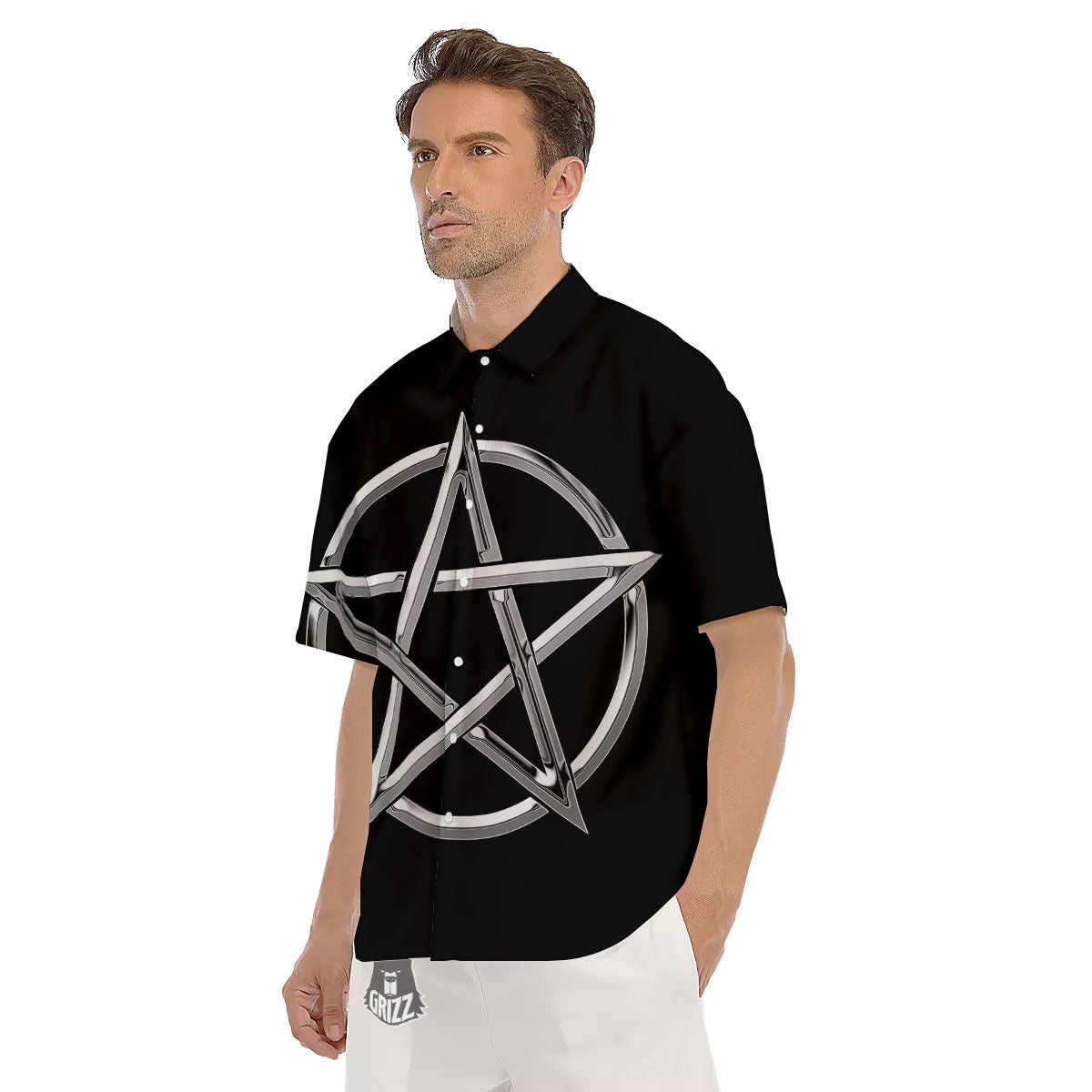 Pentagram Symbol White And Black Print Men's Short Sleeve Shirts-grizzshop