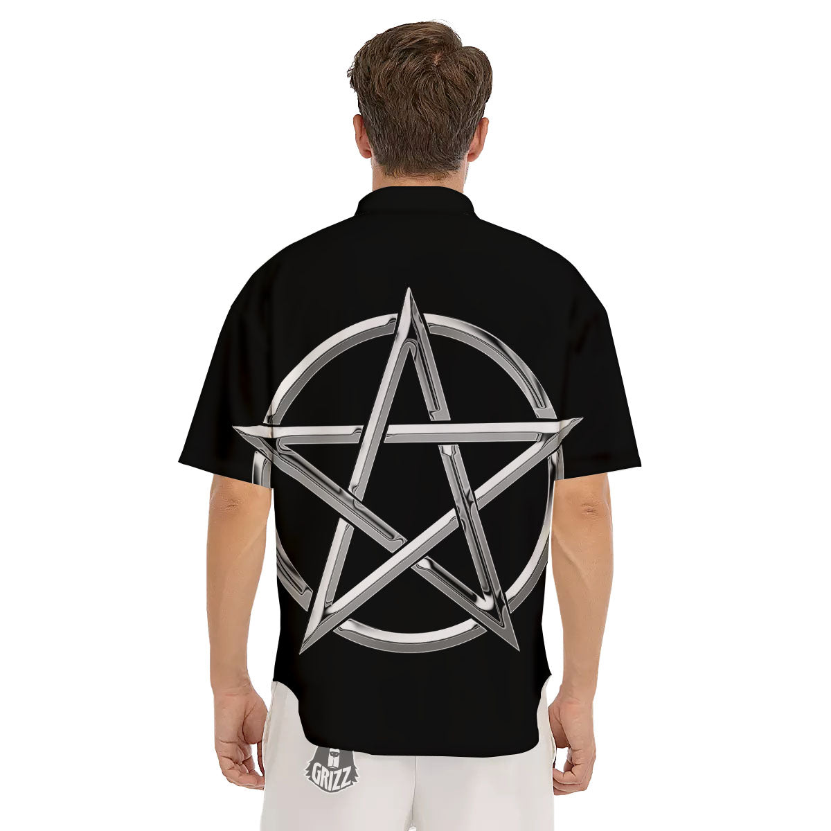 Pentagram Symbol White And Black Print Men's Short Sleeve Shirts-grizzshop