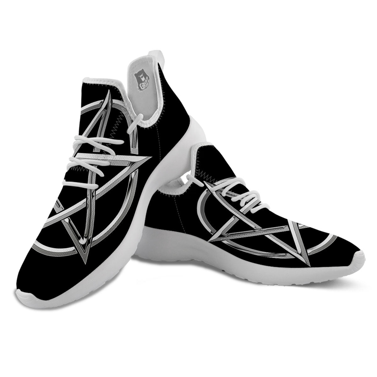 Pentagram Symbol White And Black Print White Athletic Shoes-grizzshop