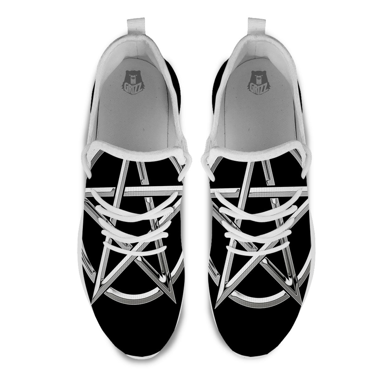 Pentagram Symbol White And Black Print White Athletic Shoes-grizzshop