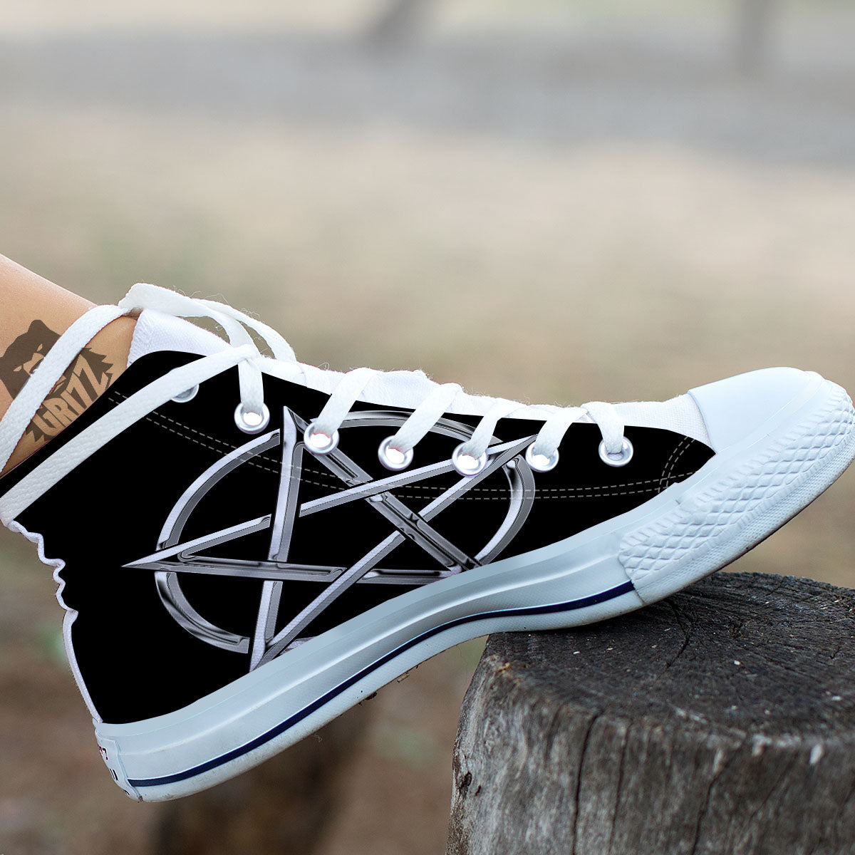 Pentagram Symbol White And Black Print White High Top Shoes-grizzshop