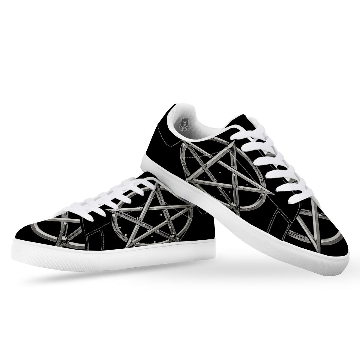 Pentagram Symbol White And Black Print White Low Top Sneakers-grizzshop