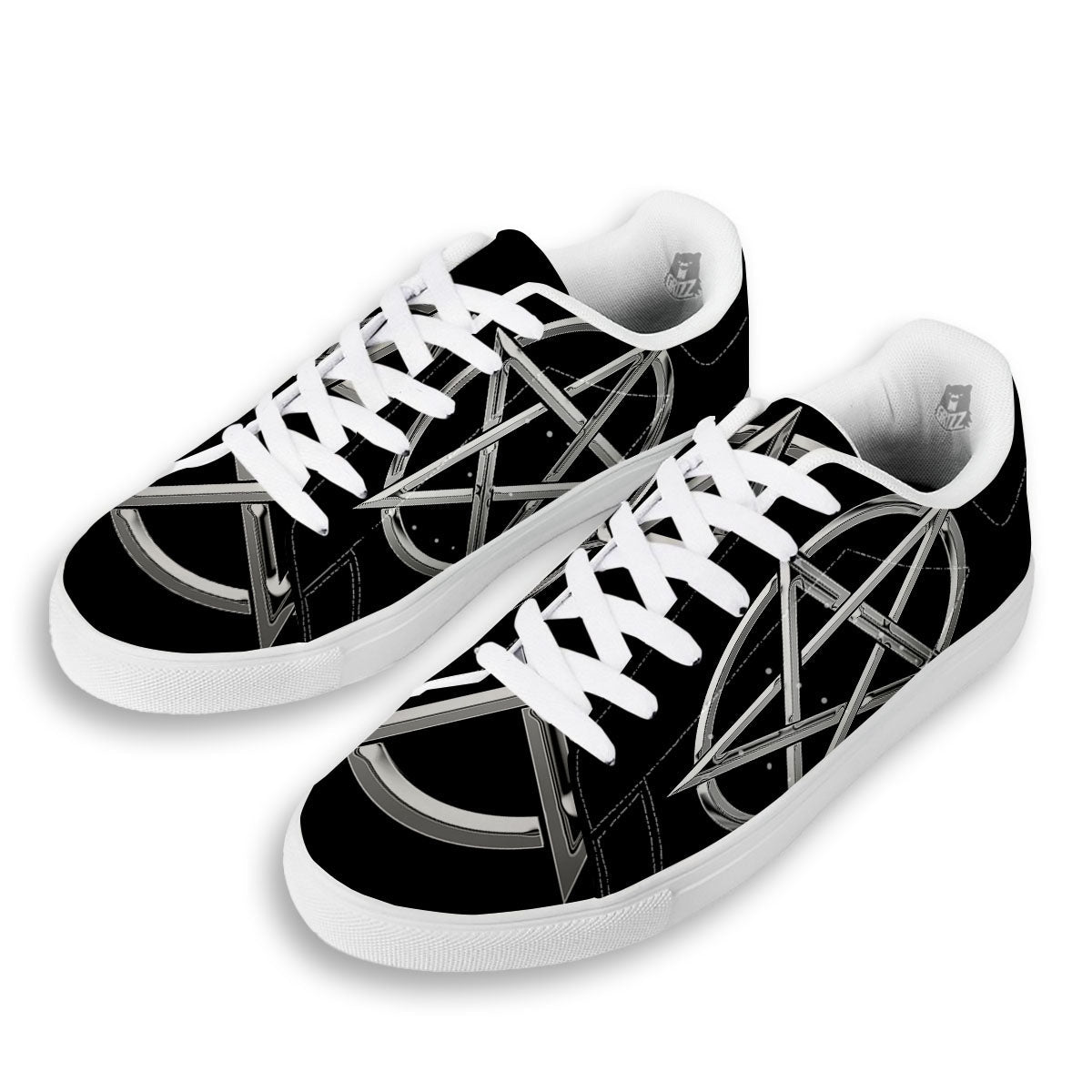 Pentagram Symbol White And Black Print White Low Top Sneakers-grizzshop