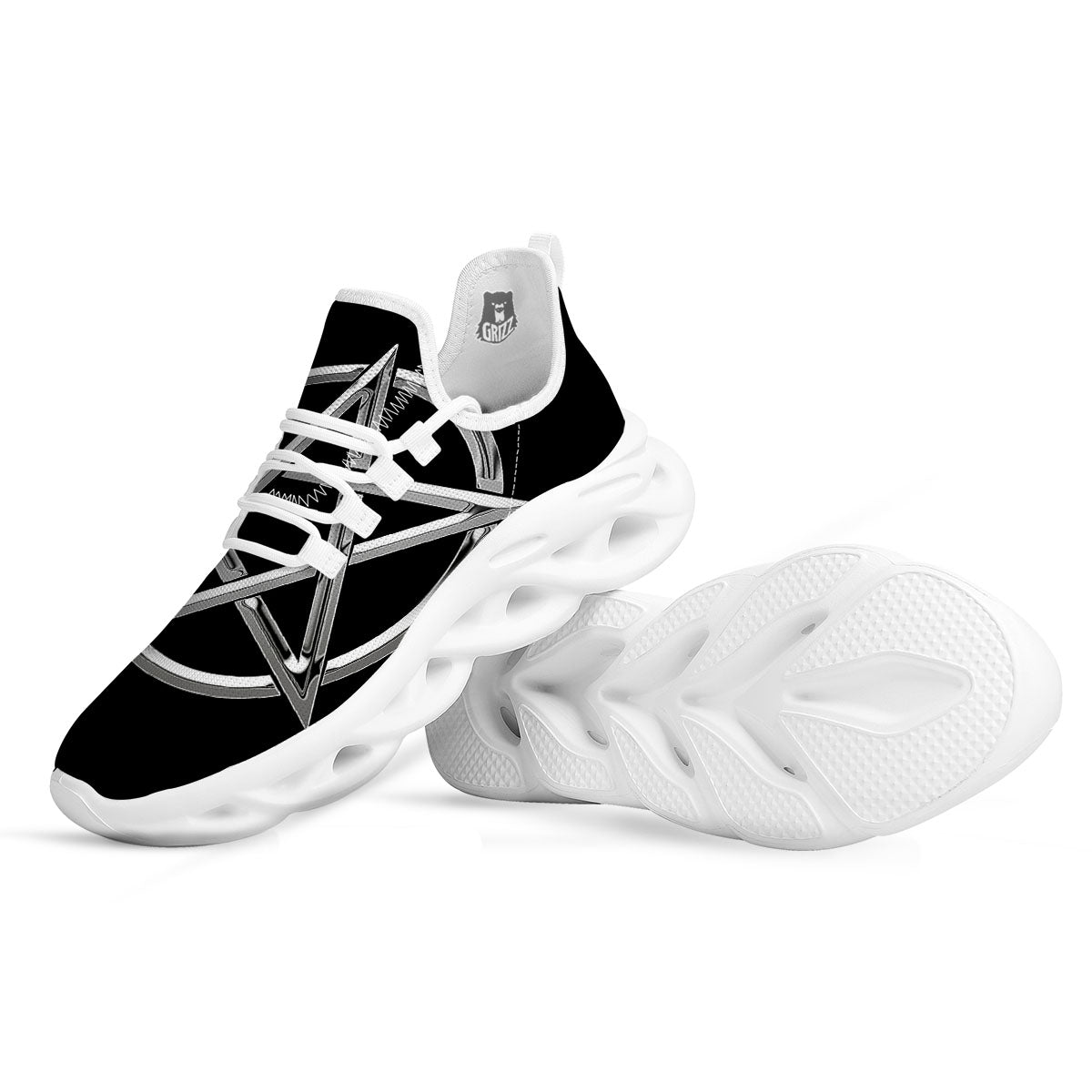 Pentagram Symbol White And Black Print White Running Shoes-grizzshop