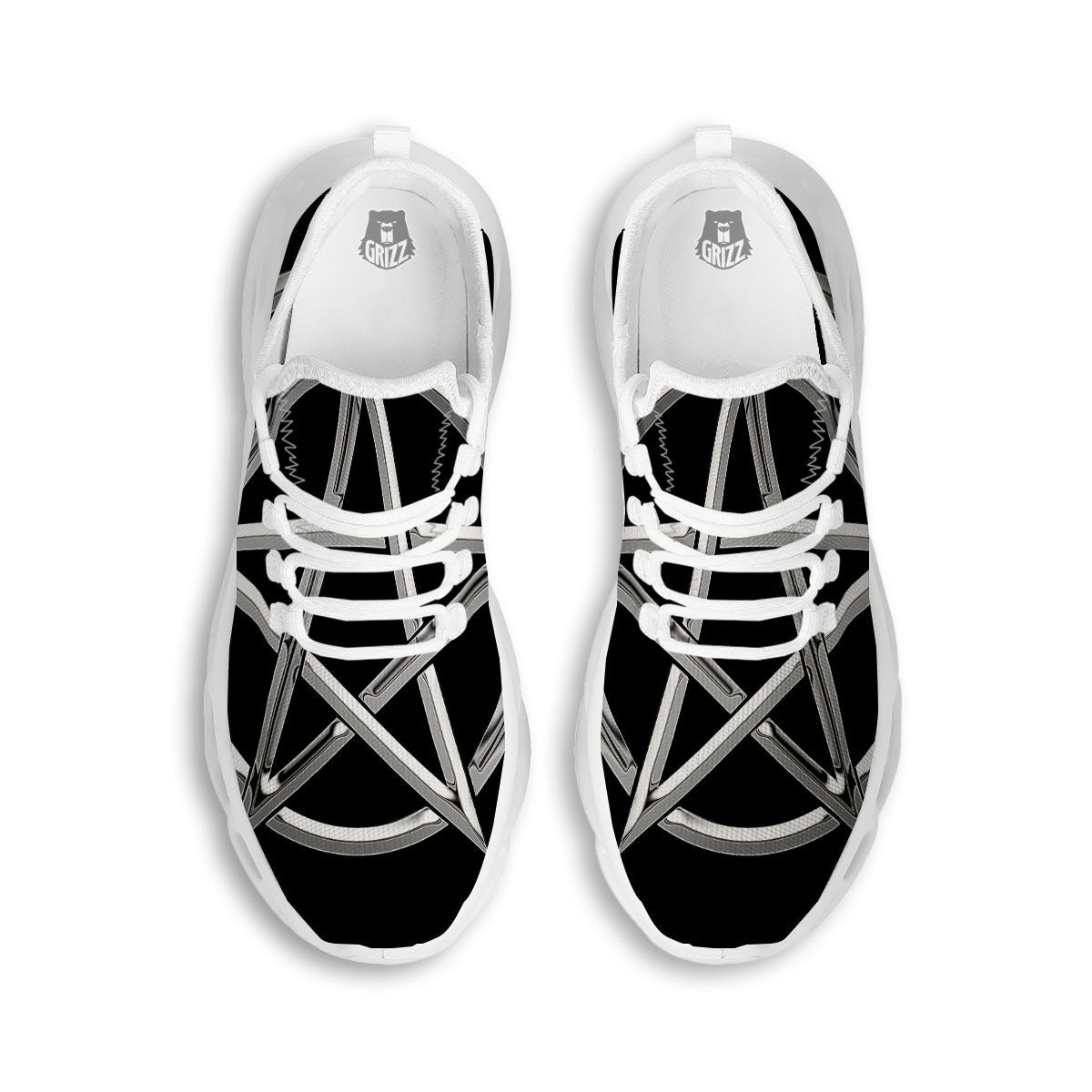 Pentagram Symbol White And Black Print White Running Shoes-grizzshop