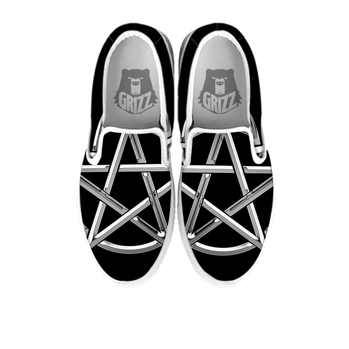 Pentagram Symbol White And Black Print White Slip On Shoes-grizzshop