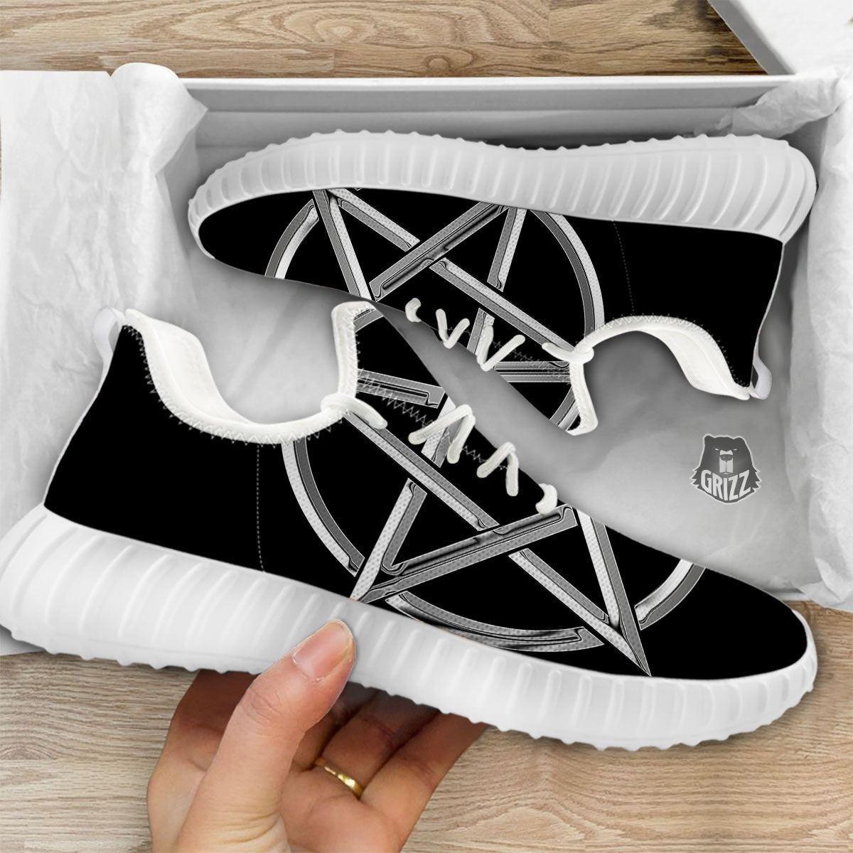 Pentagram Symbol White And Black Print White Walking Shoes-grizzshop