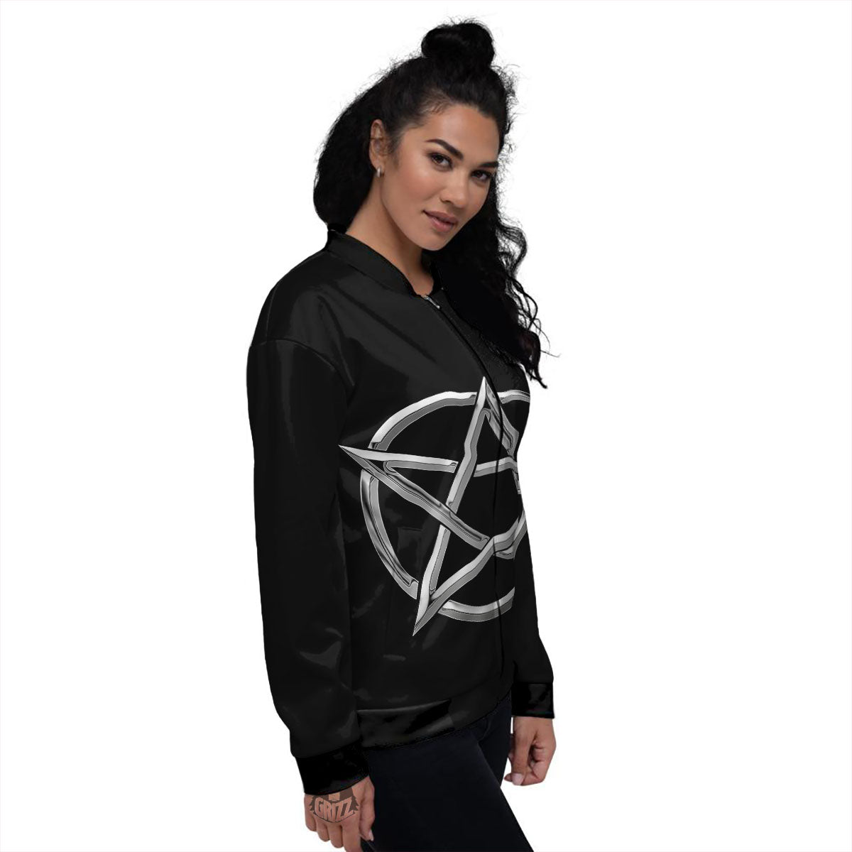 Pentagram Symbol White And Black Print Women's Bomber Jacket-grizzshop