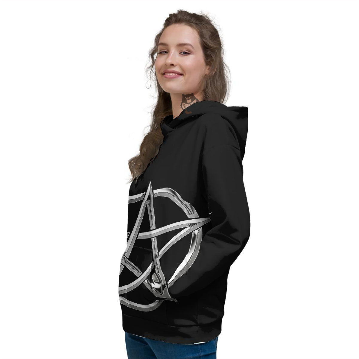 Pentagram Symbol White And Black Print Women's Hoodie-grizzshop