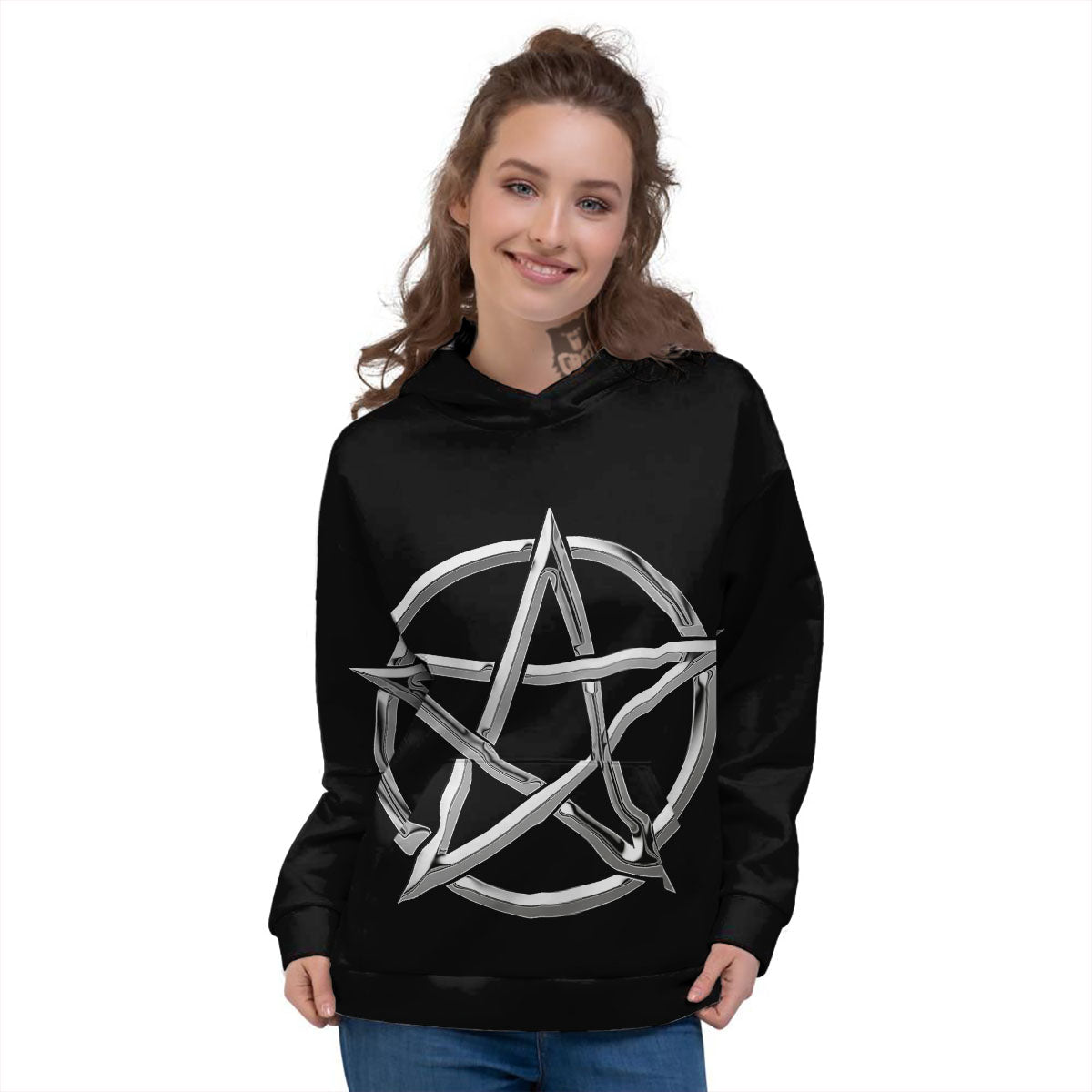 Pentagram Symbol White And Black Print Women's Hoodie-grizzshop
