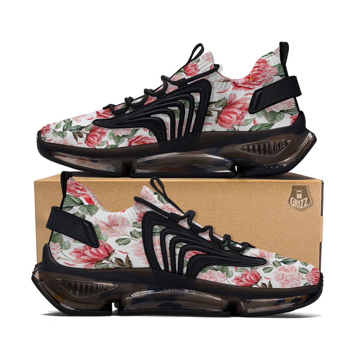 Peony Pink Print Pattern Black Gym Shoes-grizzshop