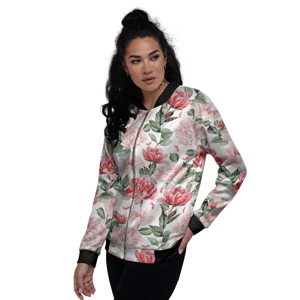Peony Pink Print Pattern Women's Bomber Jacket-grizzshop
