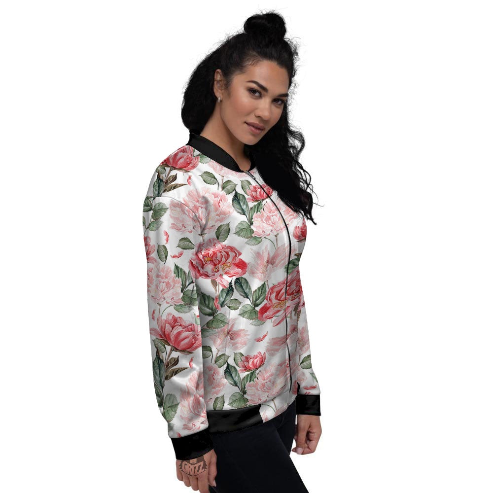 Peony Pink Print Pattern Women's Bomber Jacket-grizzshop