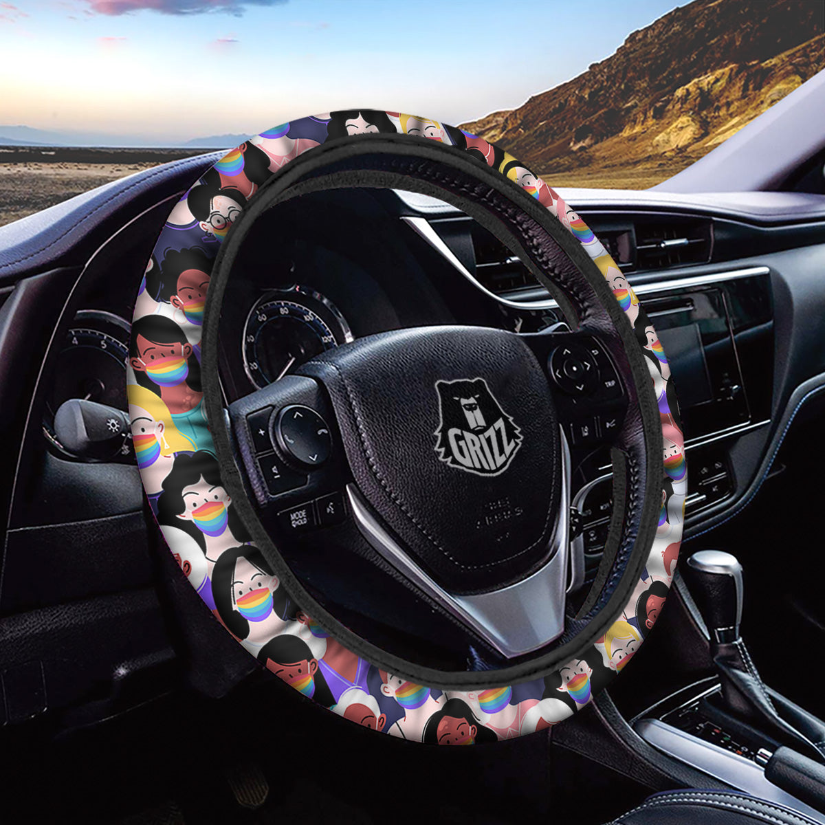 People And Rainbow Face Masks Print Pattern Car Steering Wheel Cover-grizzshop