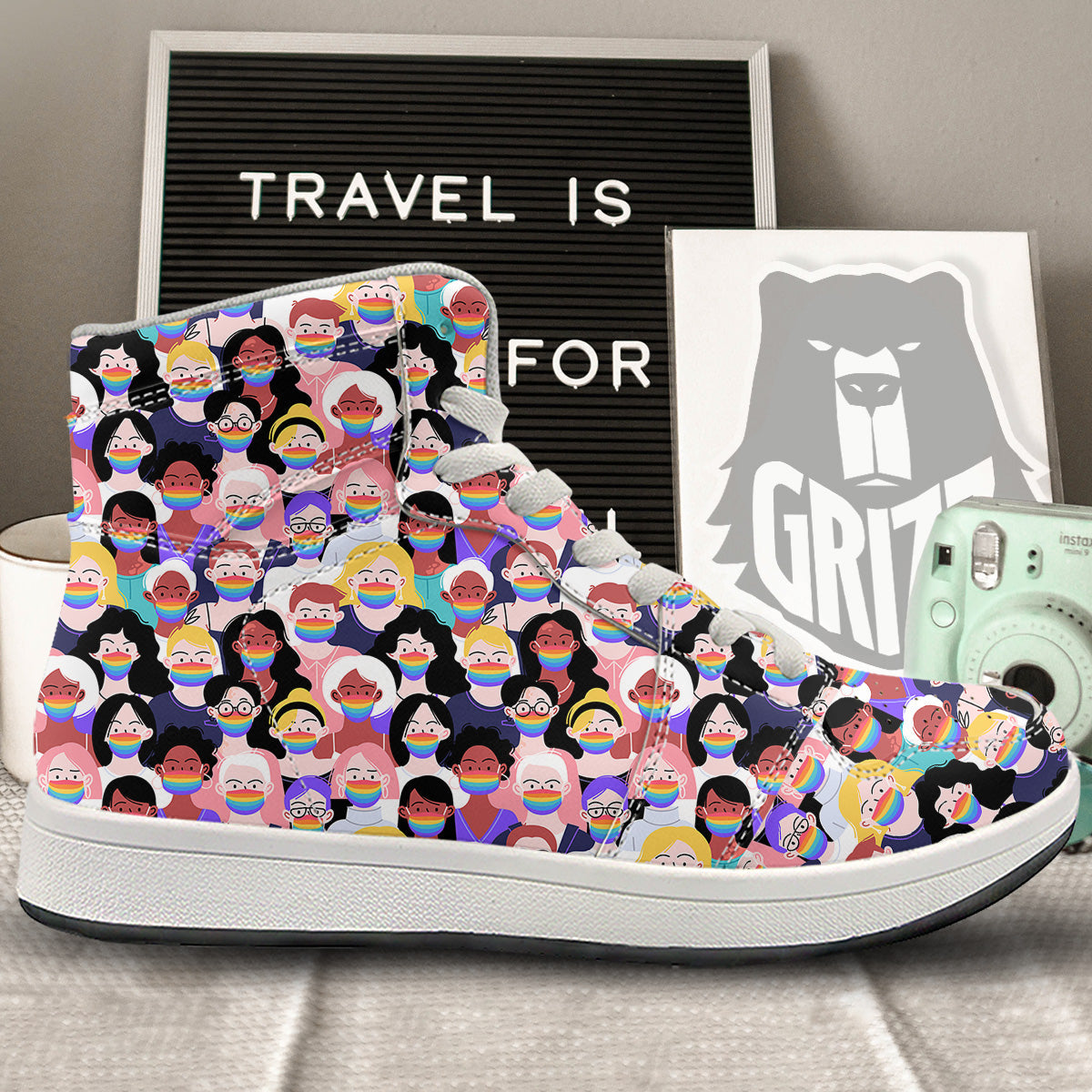 People And Rainbow Face Masks Print Pattern High Top Sneakers-grizzshop