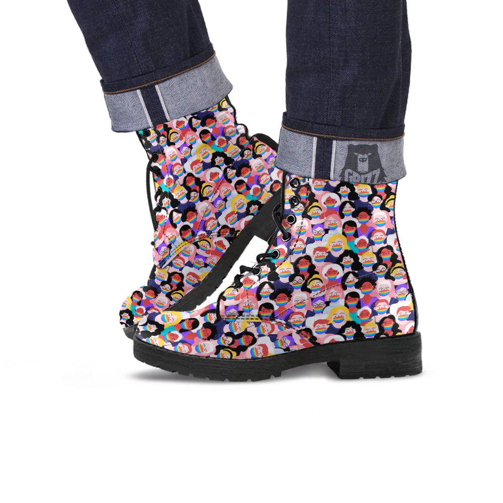 People And Rainbow Face Masks Print Pattern Leather Boots-grizzshop