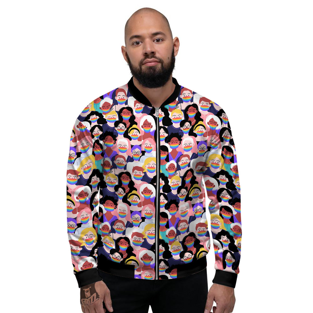 People And Rainbow Face Masks Print Pattern Men's Bomber Jacket-grizzshop