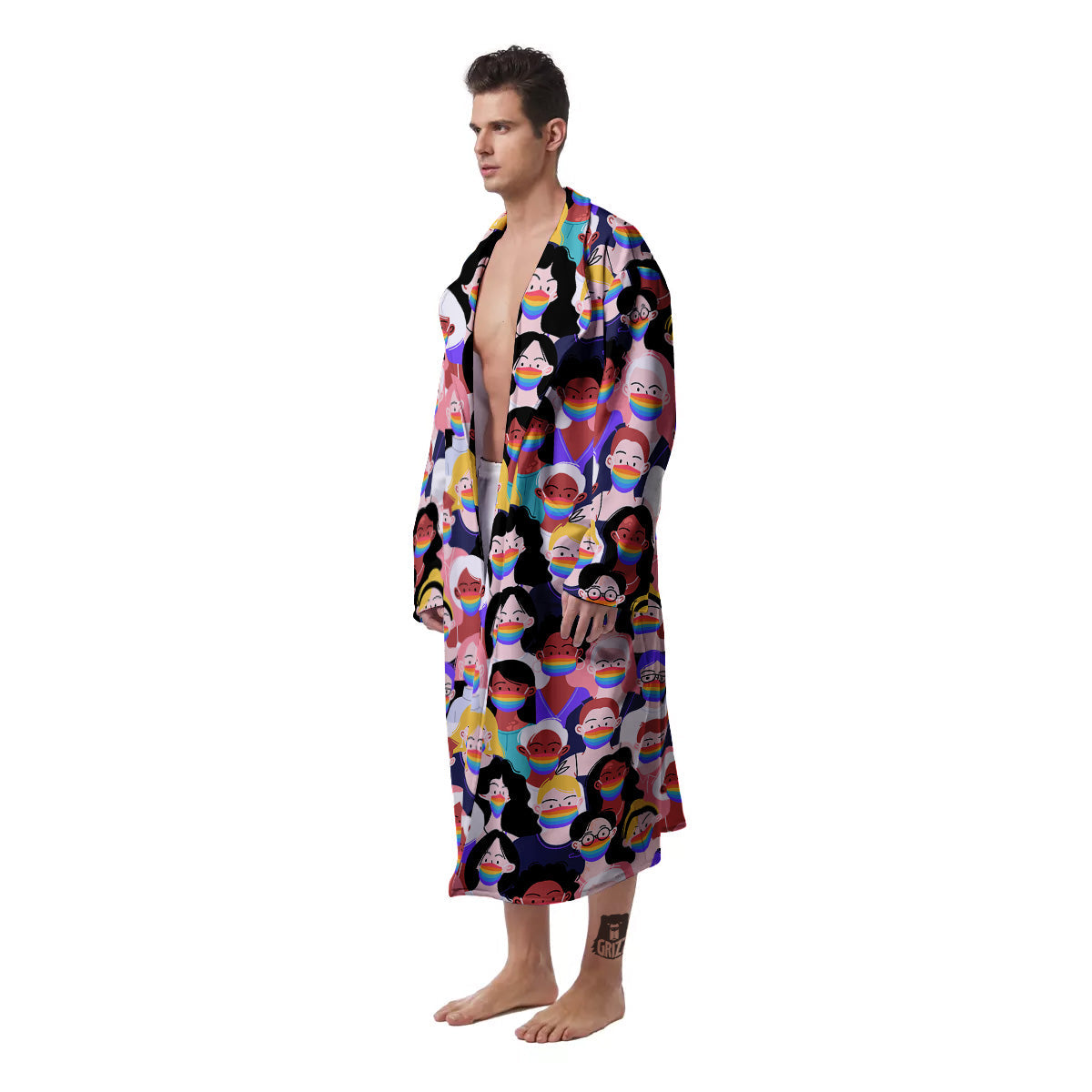 People And Rainbow Face Masks Print Pattern Men's Robe-grizzshop