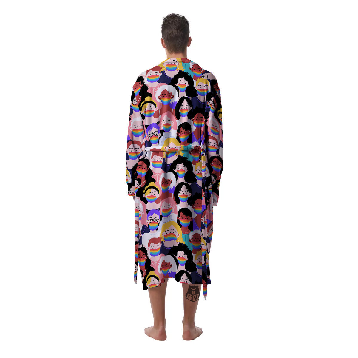 People And Rainbow Face Masks Print Pattern Men's Robe-grizzshop