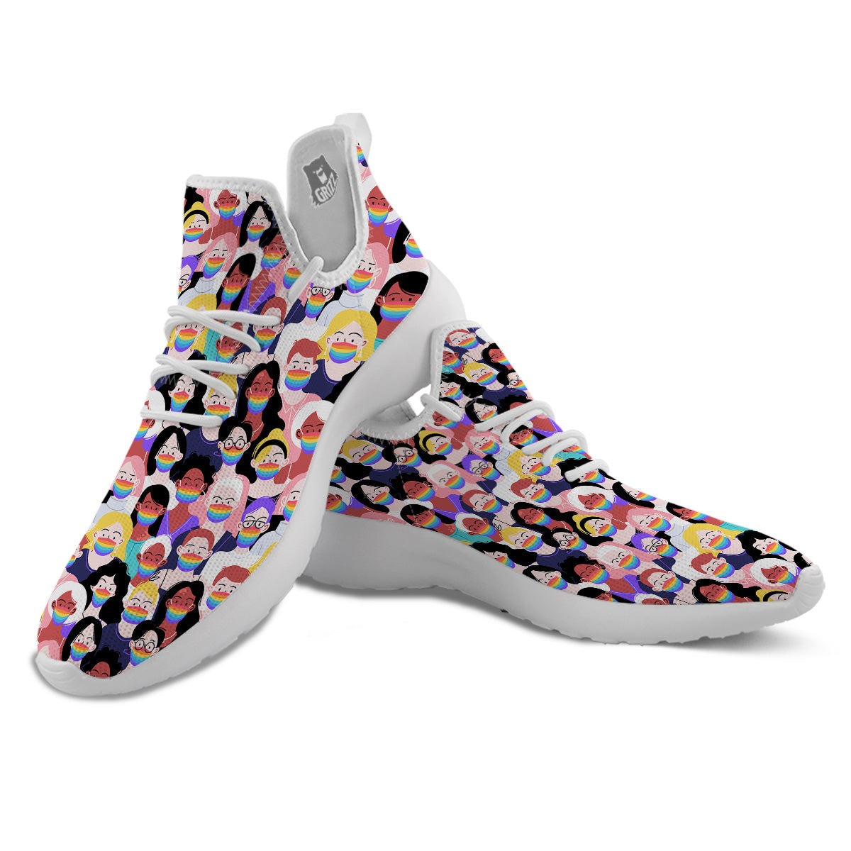 People And Rainbow Face Masks Print Pattern White Athletic Shoes-grizzshop
