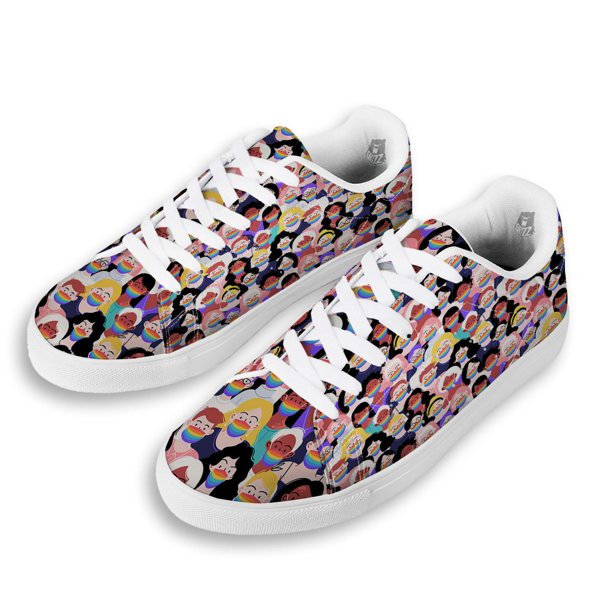 People And Rainbow Face Masks Print Pattern White Low Top Sneakers-grizzshop