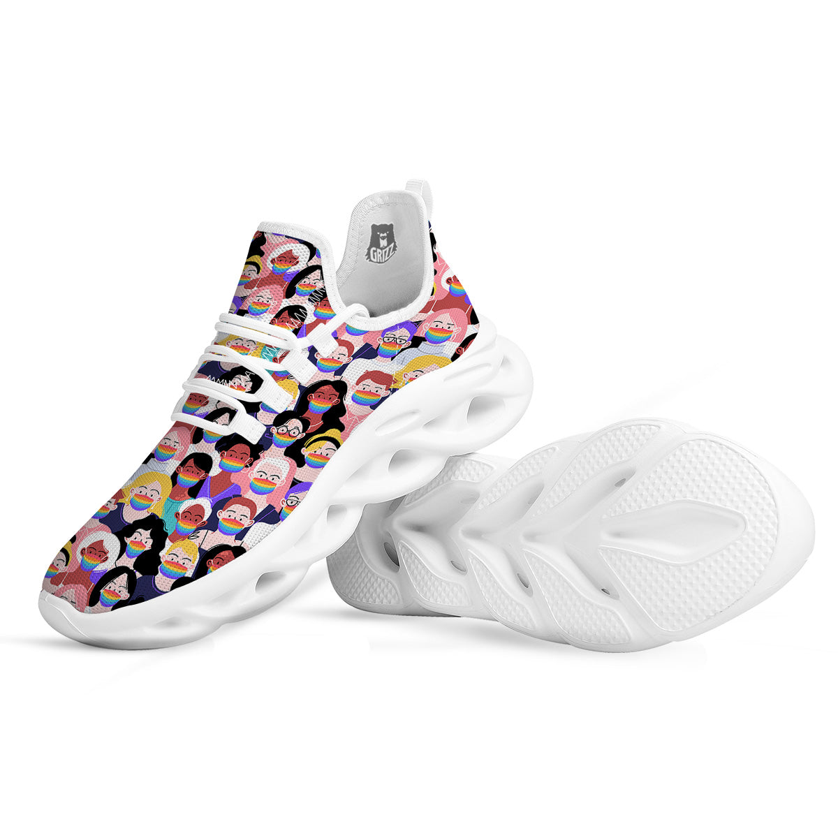 People And Rainbow Face Masks Print Pattern White Running Shoes-grizzshop