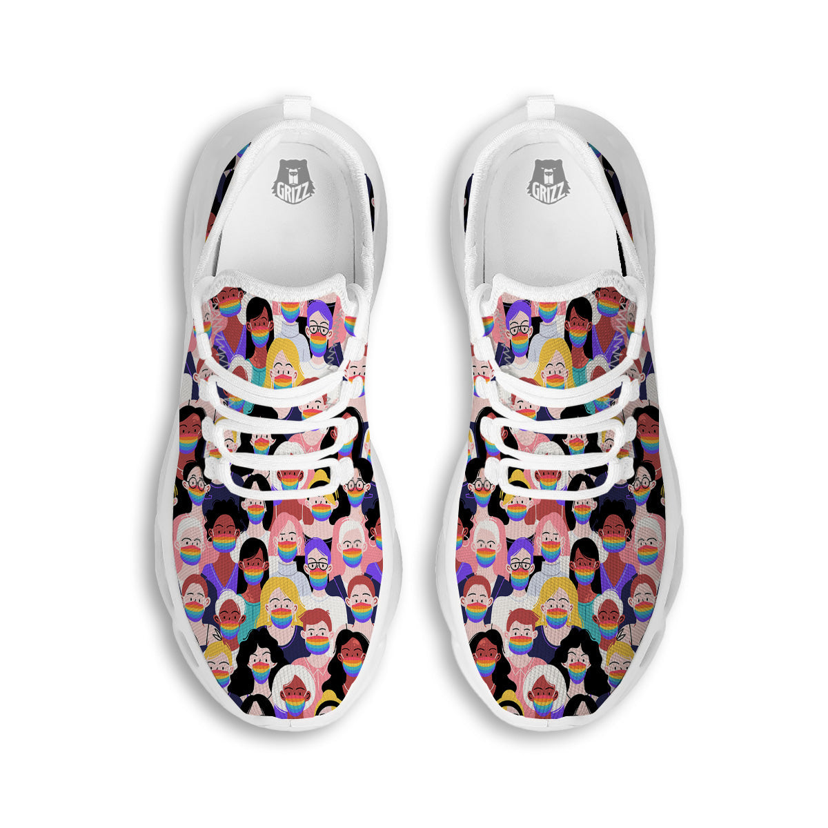 People And Rainbow Face Masks Print Pattern White Running Shoes-grizzshop