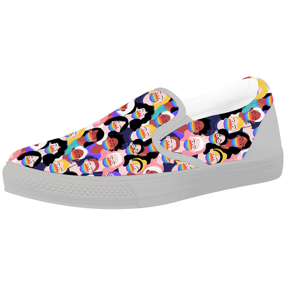 People And Rainbow Face Masks Print Pattern White Slip On Shoes-grizzshop