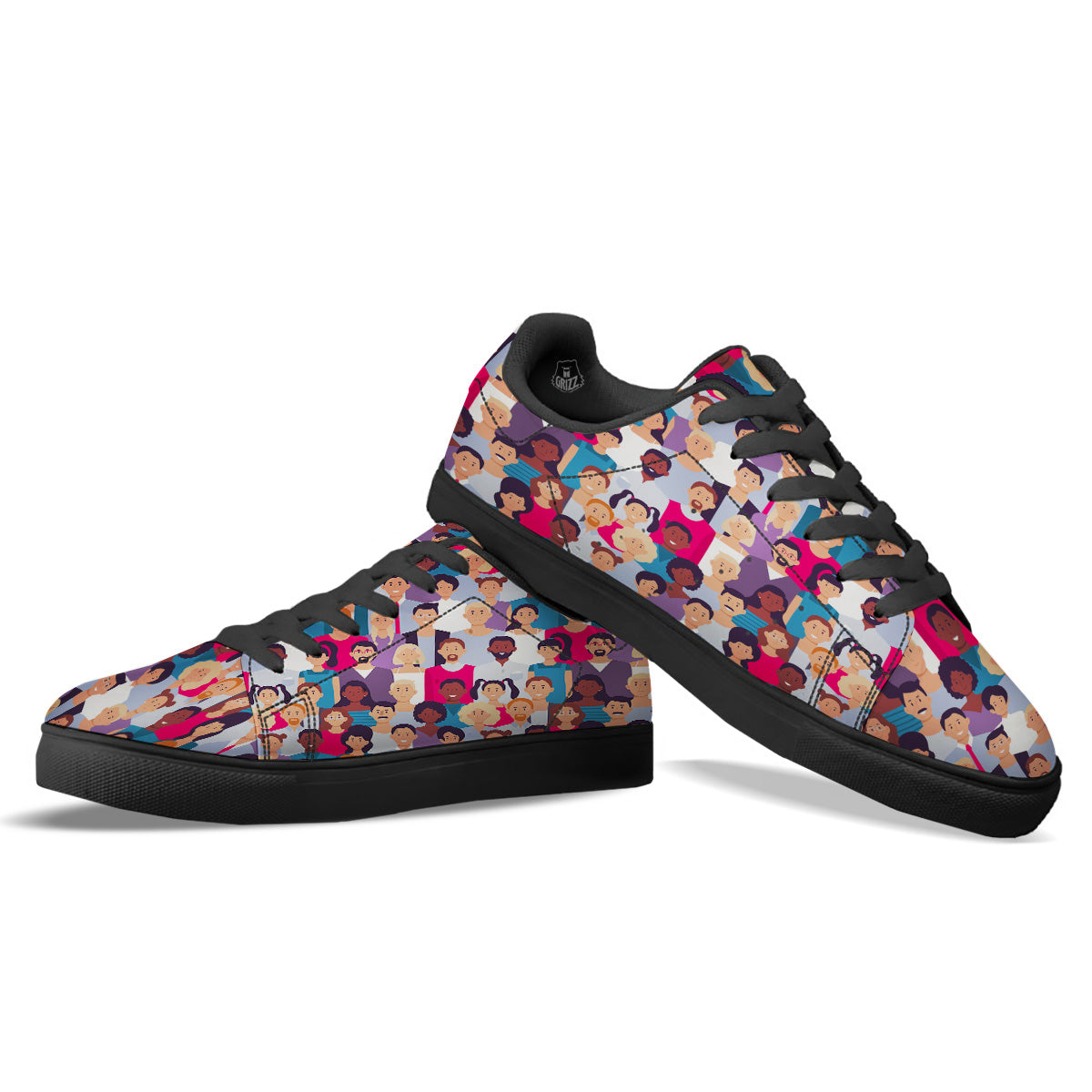 People Smile Colorful Print Pattern Black Low Top Sneakers-grizzshop