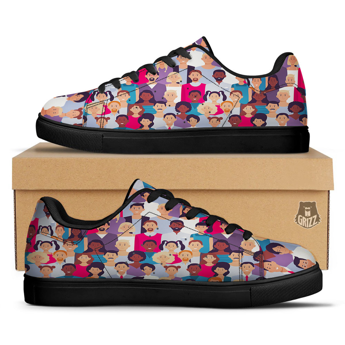 People Smile Colorful Print Pattern Black Low Top Sneakers-grizzshop