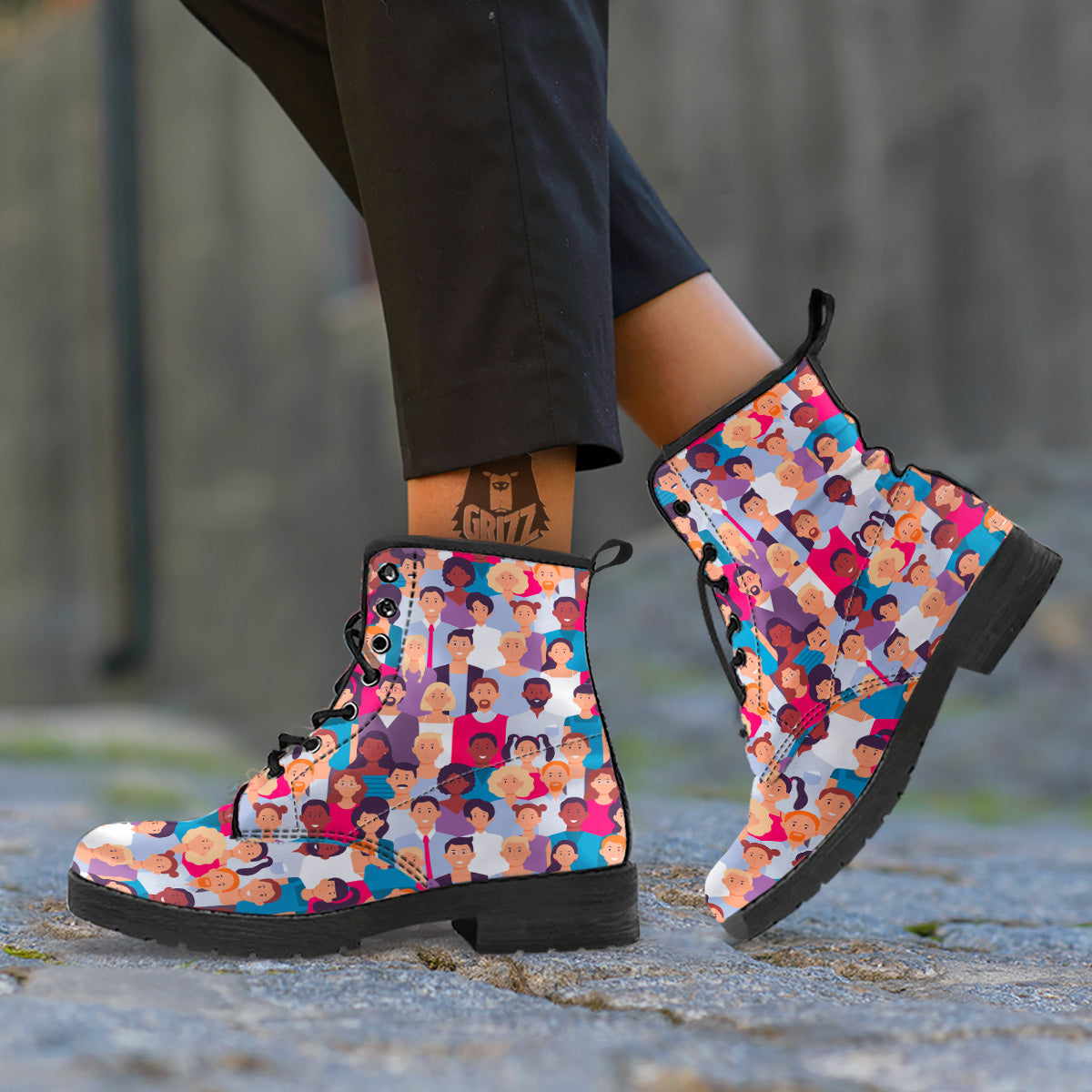 People Smile Colorful Print Pattern Leather Boots-grizzshop