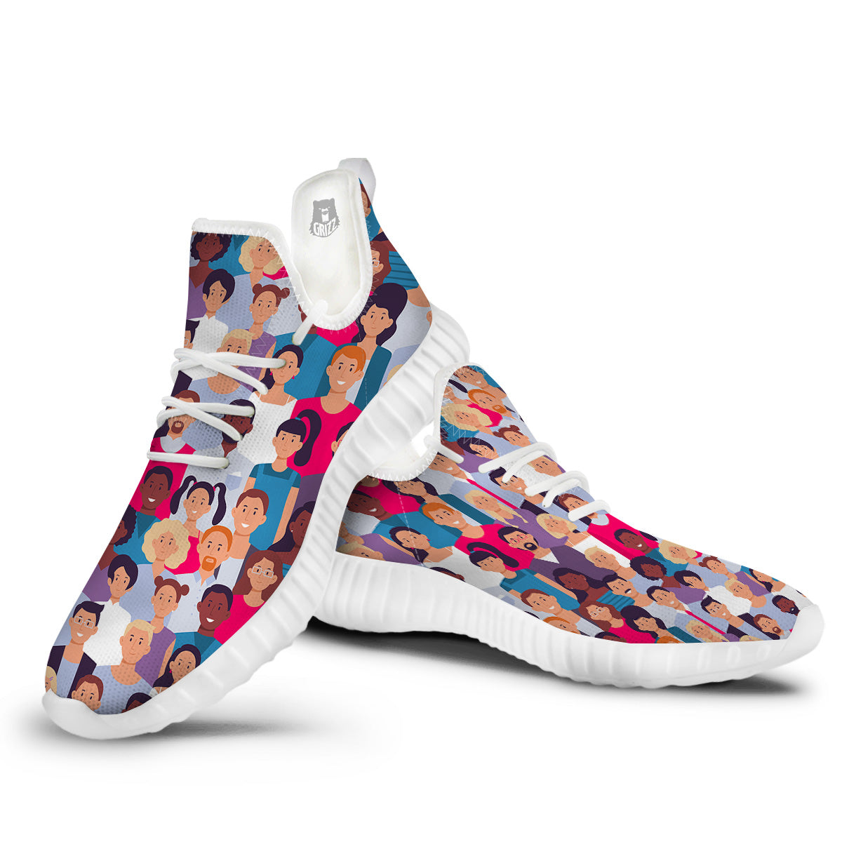 People Smile Colorful Print Pattern White Walking Shoes-grizzshop