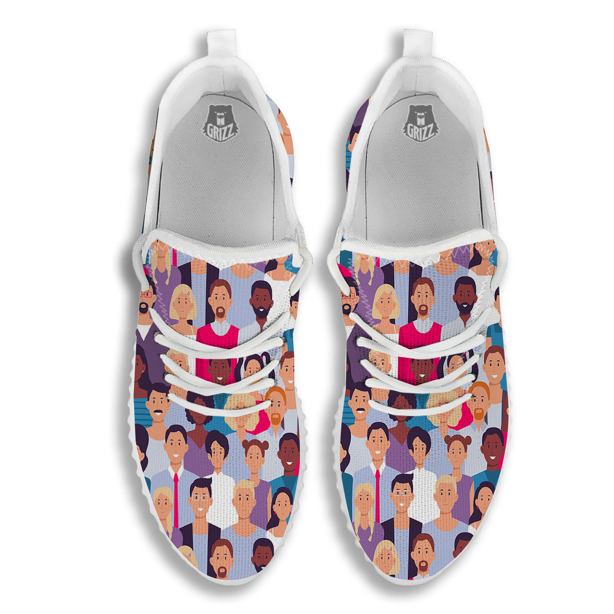 People Smile Colorful Print Pattern White Walking Shoes-grizzshop
