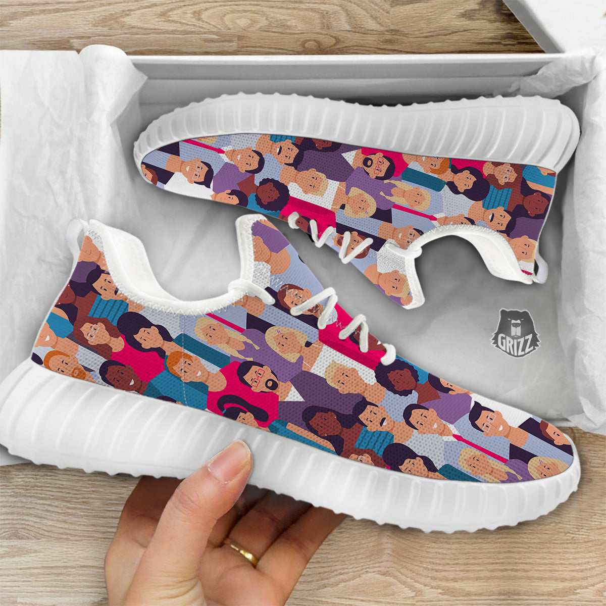 People Smile Colorful Print Pattern White Walking Shoes-grizzshop