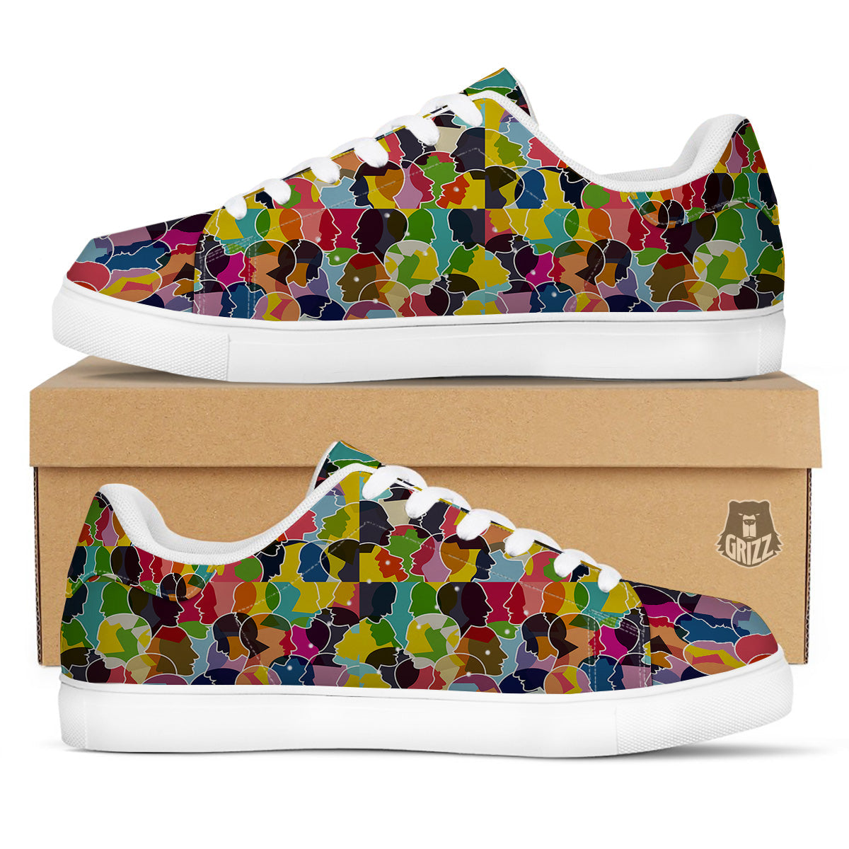 People Talking Colorful Print Pattern White Low Top Sneakers-grizzshop