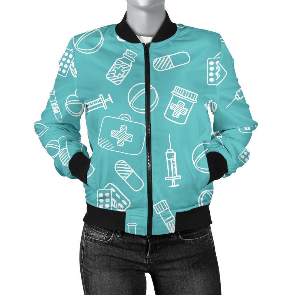 Pharmacy Pastel Pattern Print Women Casual Bomber Jacket-grizzshop