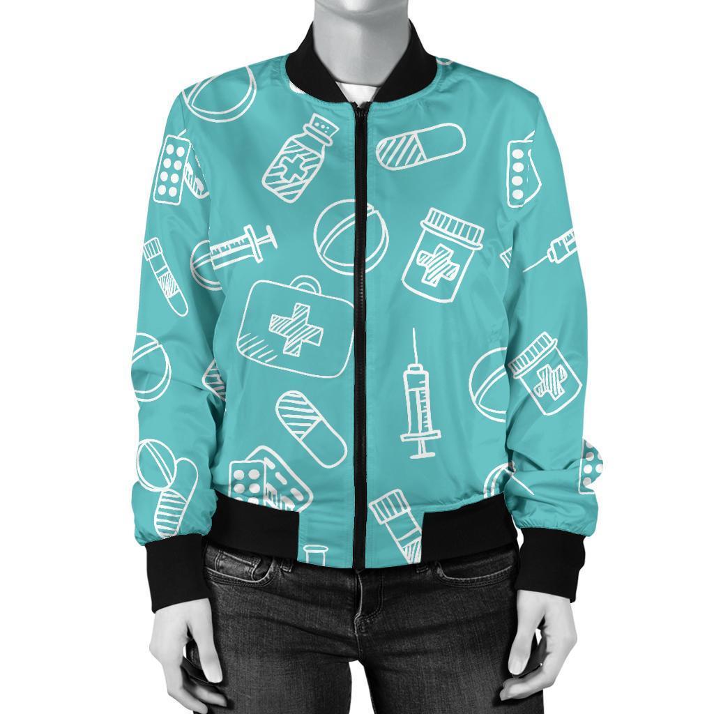 Pharmacy Pastel Pattern Print Women Casual Bomber Jacket-grizzshop