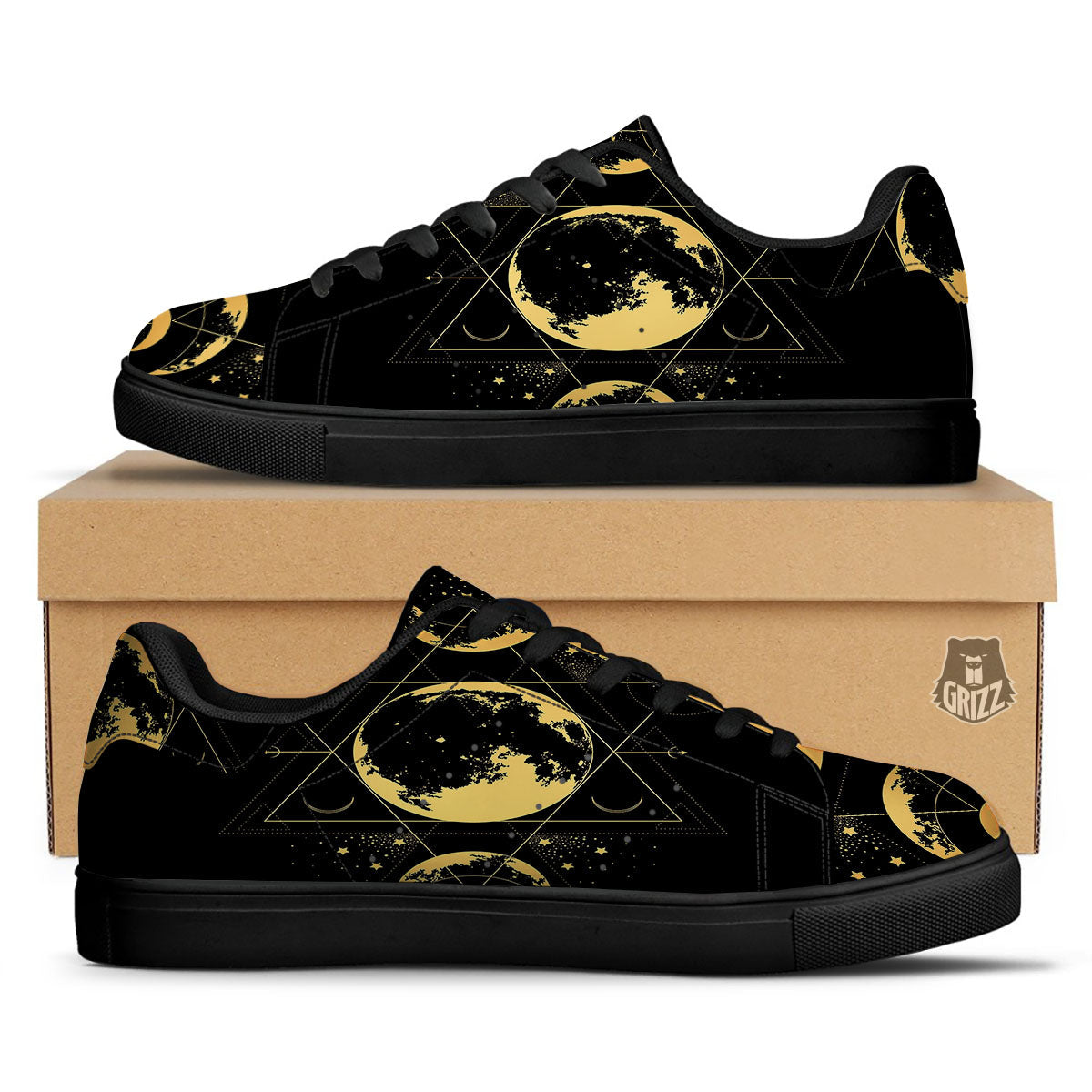 Phase Geometric Moon Print Black Low Top Sneakers-grizzshop