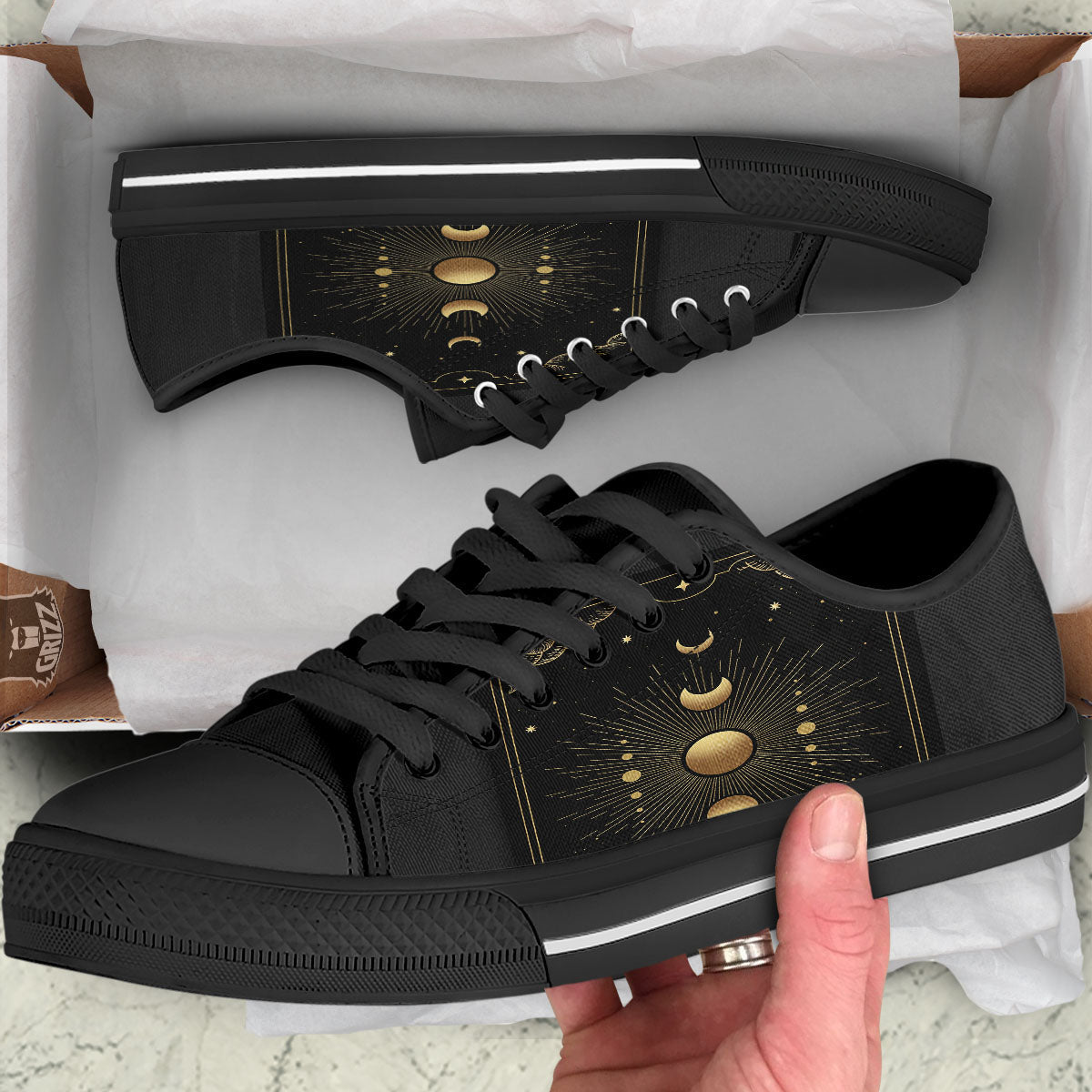 Phases And Eclipse Print Black Low Top Shoes-grizzshop