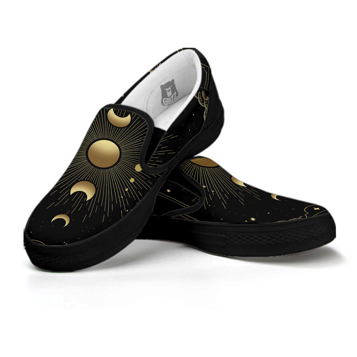 Phases And Eclipse Print Black Slip On Shoes-grizzshop