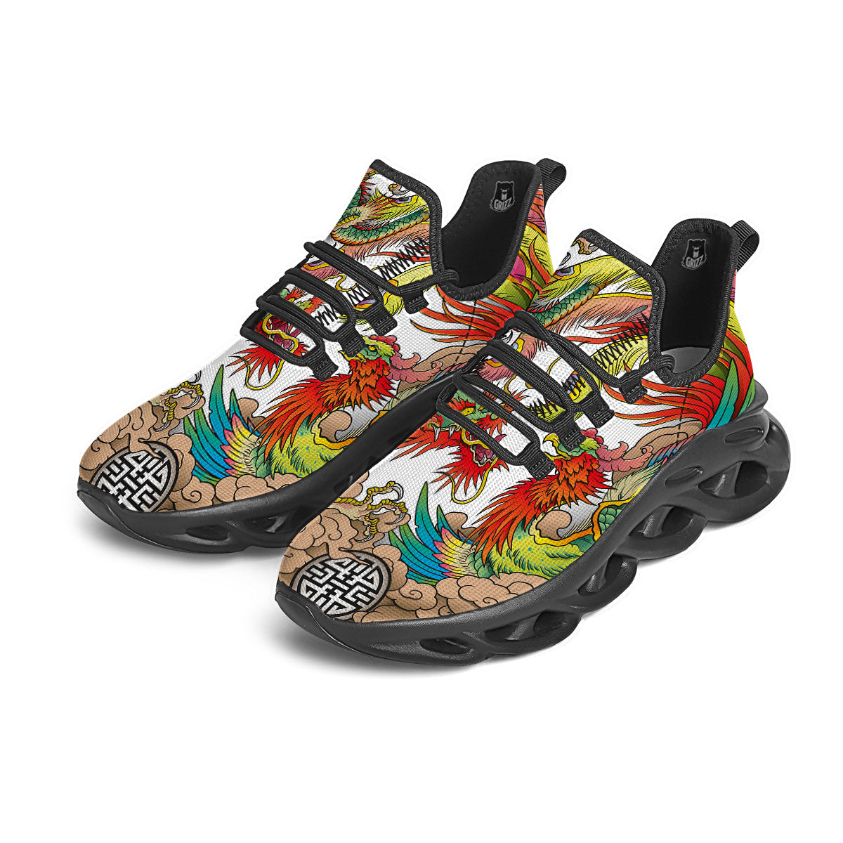 Phoenix And Dragon Japanese Tattoo Print Black Running Shoes-grizzshop