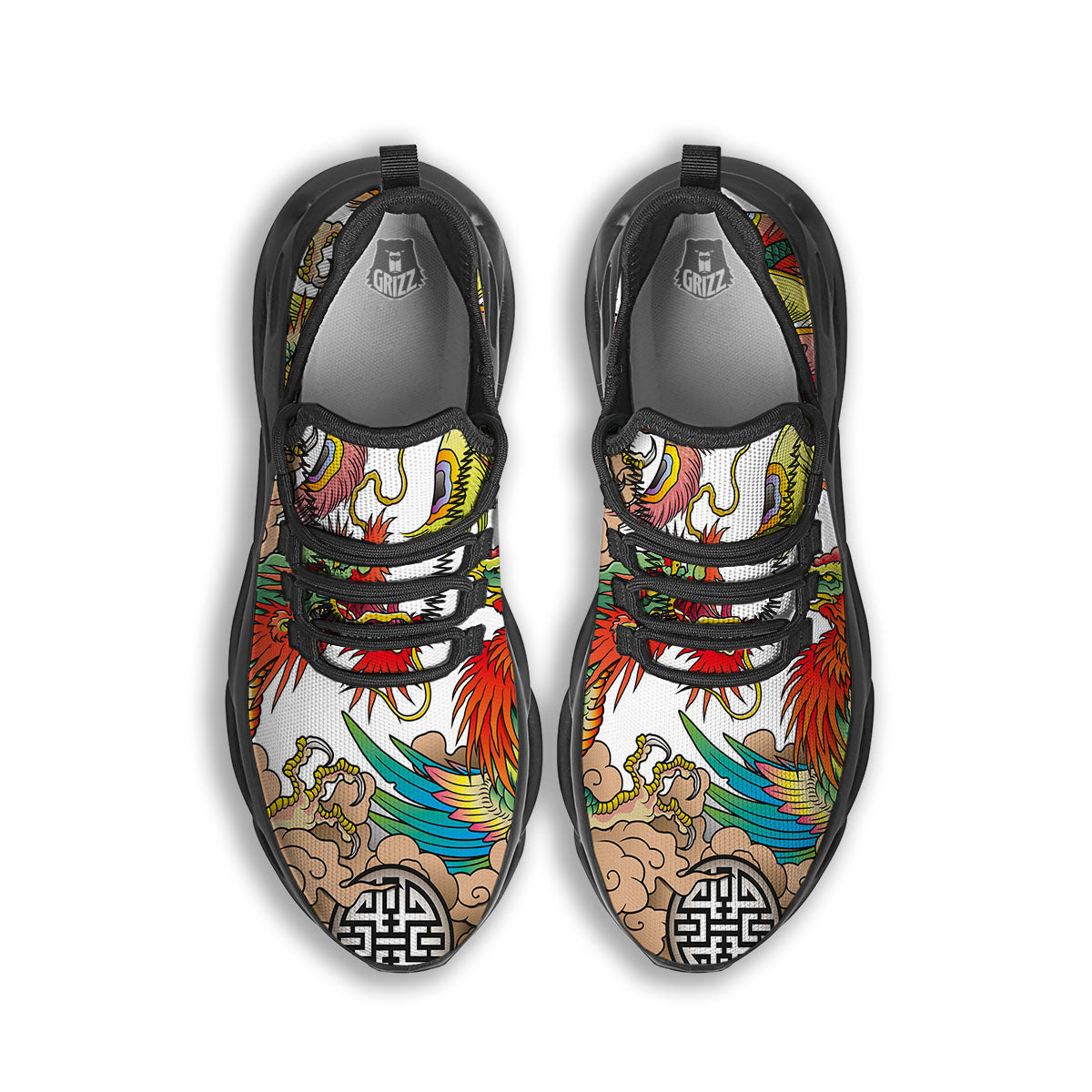 Phoenix And Dragon Japanese Tattoo Print Black Running Shoes-grizzshop