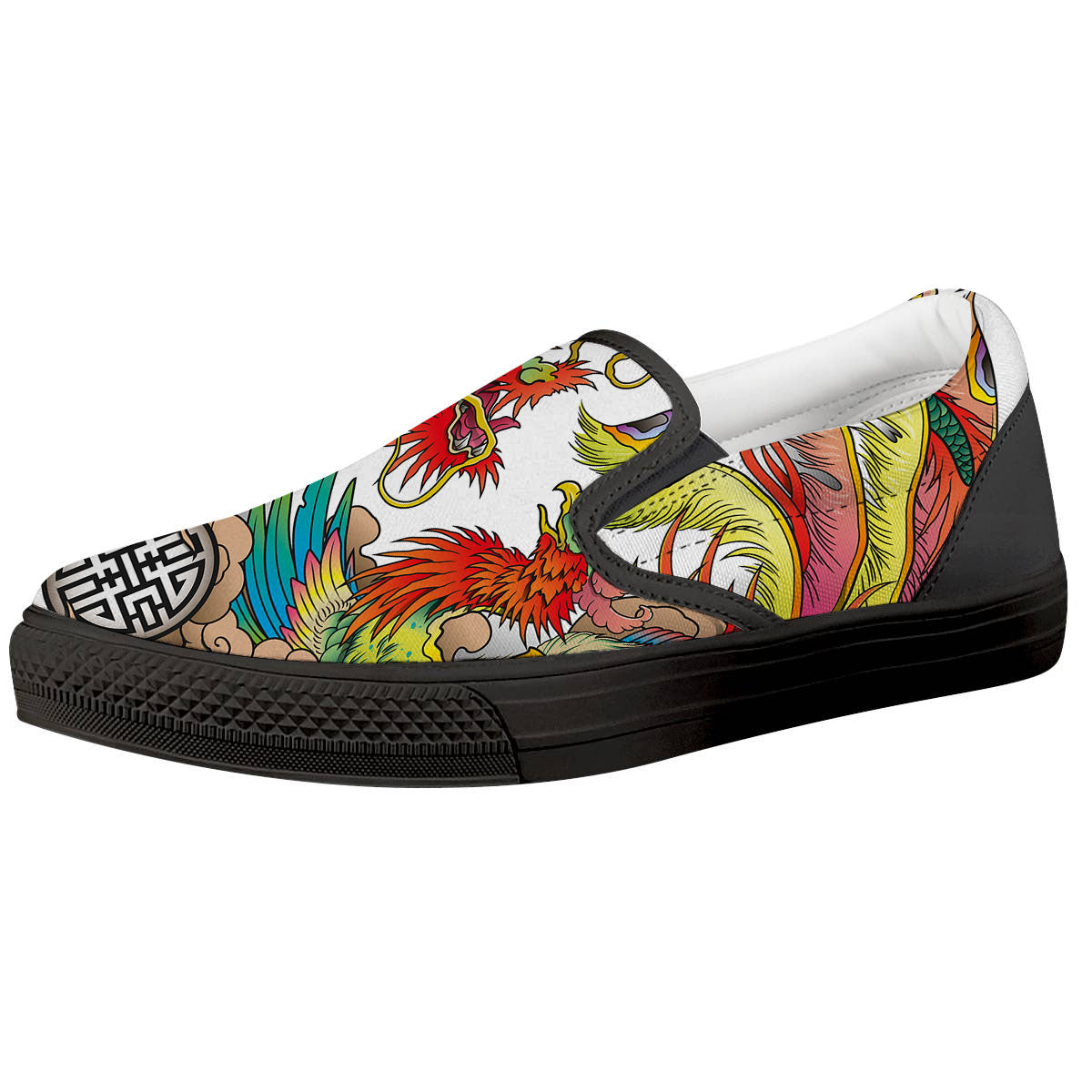 Phoenix And Dragon Japanese Tattoo Print Black Slip On Shoes-grizzshop