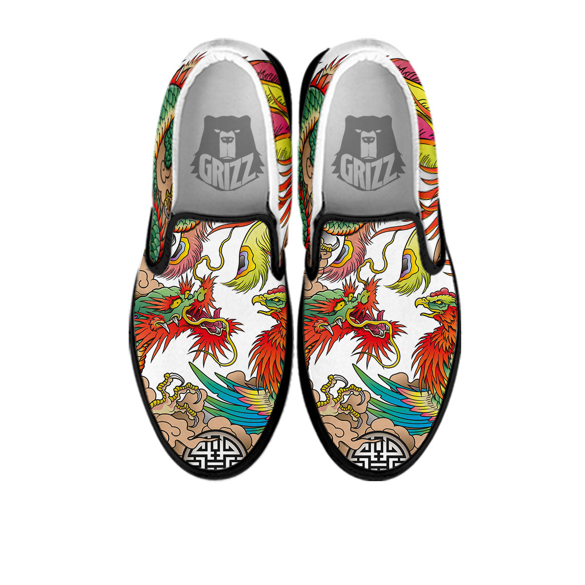 Phoenix And Dragon Japanese Tattoo Print Black Slip On Shoes-grizzshop